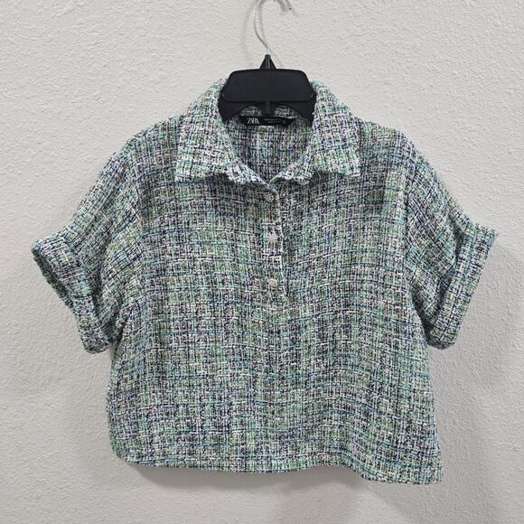 ZARA Short-Sleeve Tweed Crop Top Shirt Women’s Size S Green Blue White Bouclé... - Picture 2 of 10